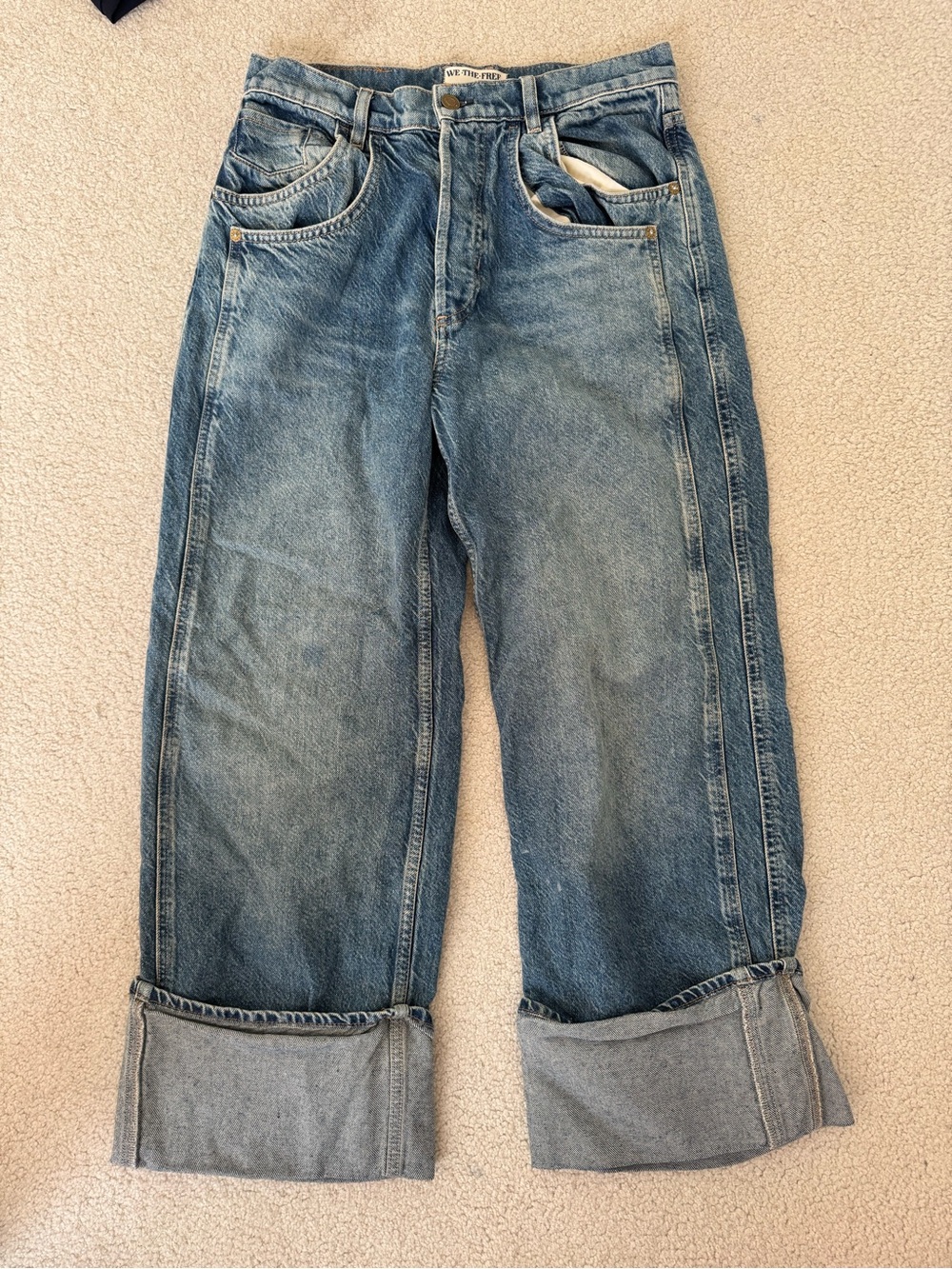 Free People Wide-Leg Cuffed Jeans in Medium Blue